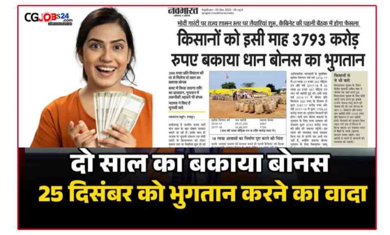 छत्तीसगढ़ के किसान भाइयों के लिए 2016-17 धान का बोनस जो बकाया था उसे 25 दिसंबर को नई सरकार द्वारा सीधे किसान भाइयों के खाते में ट्रांसफर किया जाएगा आईए जानते हैं डिटेल के साथ इस चुनावी वादे के अनुसार धान का बोनस किसान भाइयों को कितना रुपए मिलेगा प्रति कुंतल और किस दिन जारी किया जाएगा। भारतीय जनता पार्टी को छत्तीसगढ़ की जनता ने दोबारा मौका दिया है राज्य में सरकार बनाने का और इसी के मध्य नजर चुने वादे के अनुरूप सीजी न्यू सरकार द्वारा ₹300 प्रति कुंतल की दर से राष्ट्रीय सुशासन दिवस पर 25 दिसंबर को किसान भाइयों को दिया जाएगा 2 साल का बकाया धन का बोनस आईए जानते हैं डिटेल के साथ।
