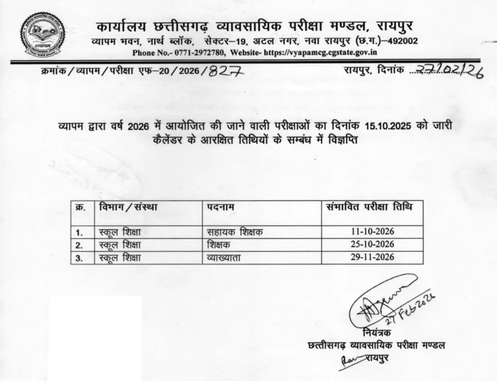 बड़ी खबर शिक्षक भर्ती 2026 छ.ग. व्यापम (CG Vyapam) द्वारा शिक्षक भर्ती परीक्षा तिथि जारी